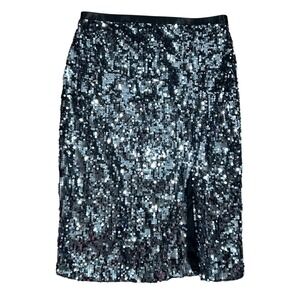 Nine West Silver Sequin Skirt Womens Sz Large Black Stretch Waist Slit Pull On